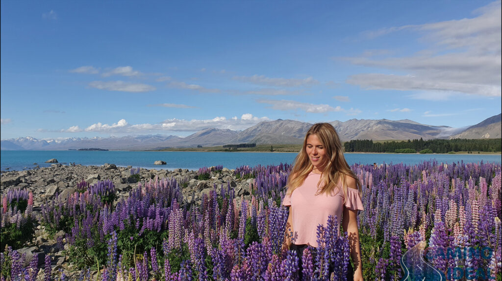 Noelí entre las flores, al lado del increíble Lago Tekapo en Nueva Zelanda